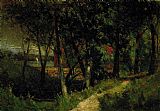 Edward Mitchell Bannister Wall Art - landscape, forest scene with red fence and building